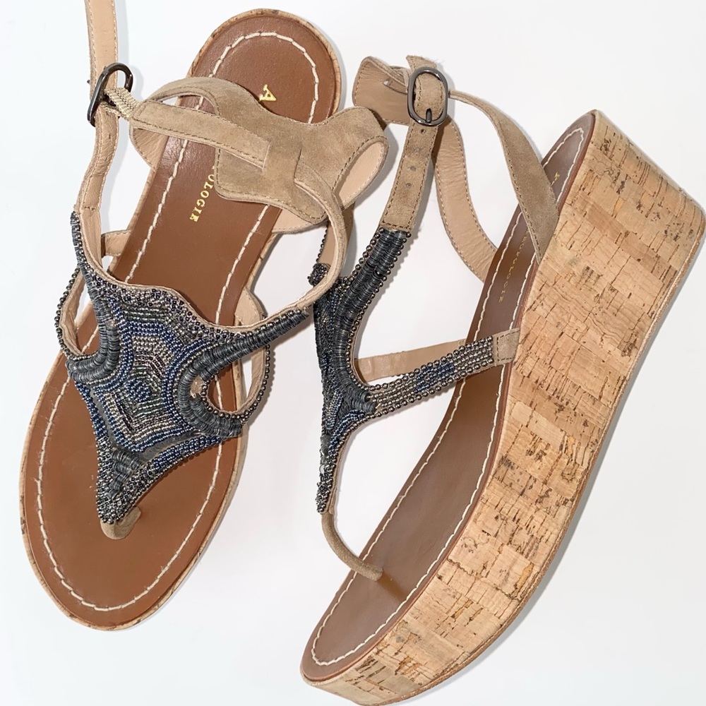 Anthropologie Beaded Cork Sandals